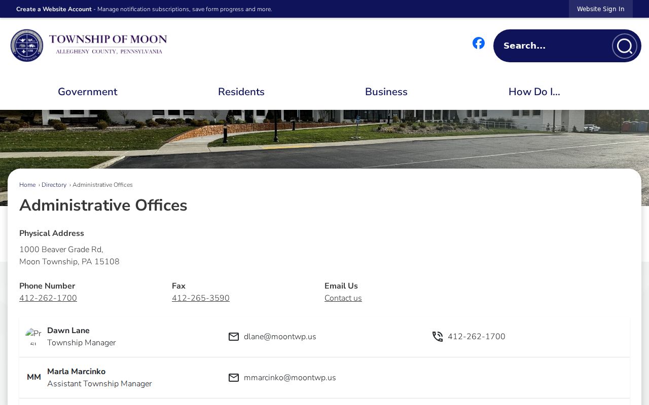 Moon Township city directory research contact in the official municipal staff directory
