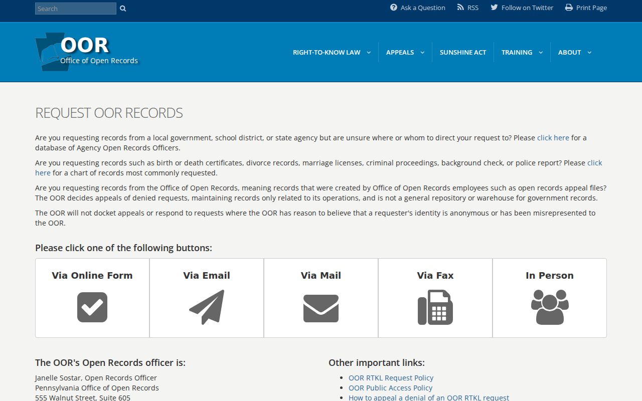 Moon Township residents directory Pennsylvania open records request routing screen