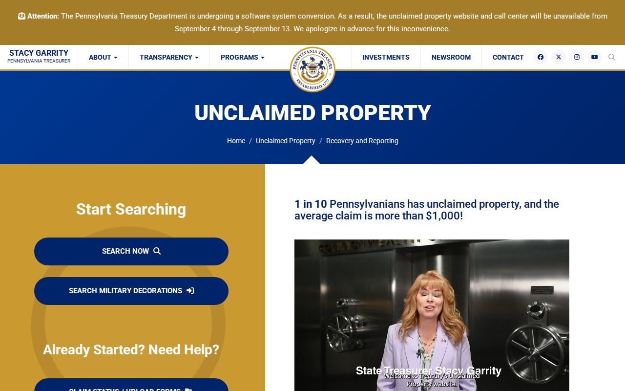 Moon Township neighbors Pennsylvania Treasury unclaimed property portal