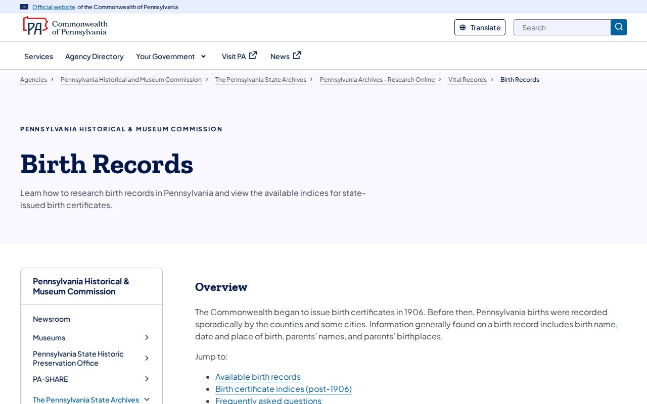 Moon Township previous residents research using Pennsylvania State Archives birth-record access