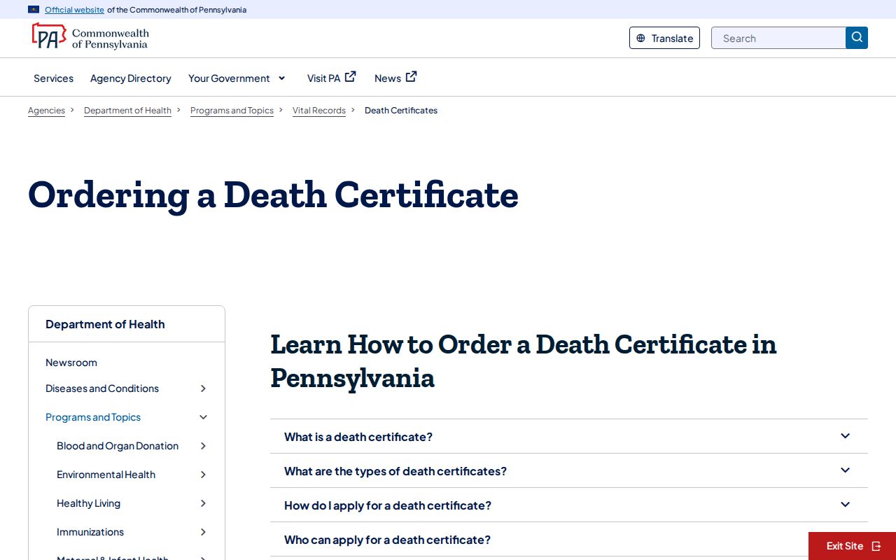 Moon Township resident lookup Pennsylvania death certificate information