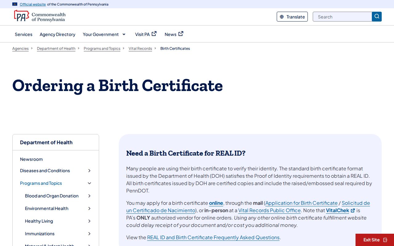 Moon Township resident lookup Pennsylvania birth certificate information