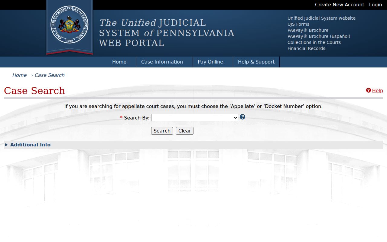 Moon Township resident lookup UJS Case Search advanced screen