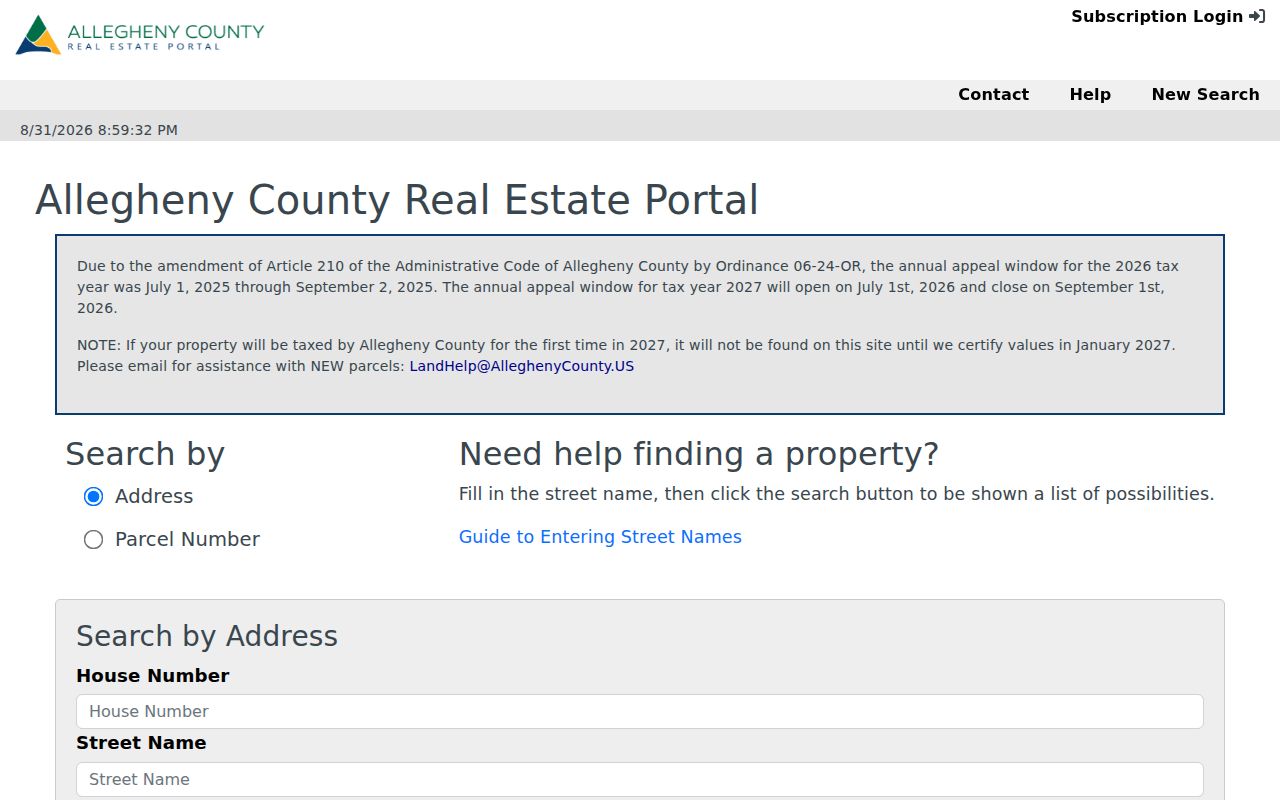 Moon Township street directory property search with address and parcel fields