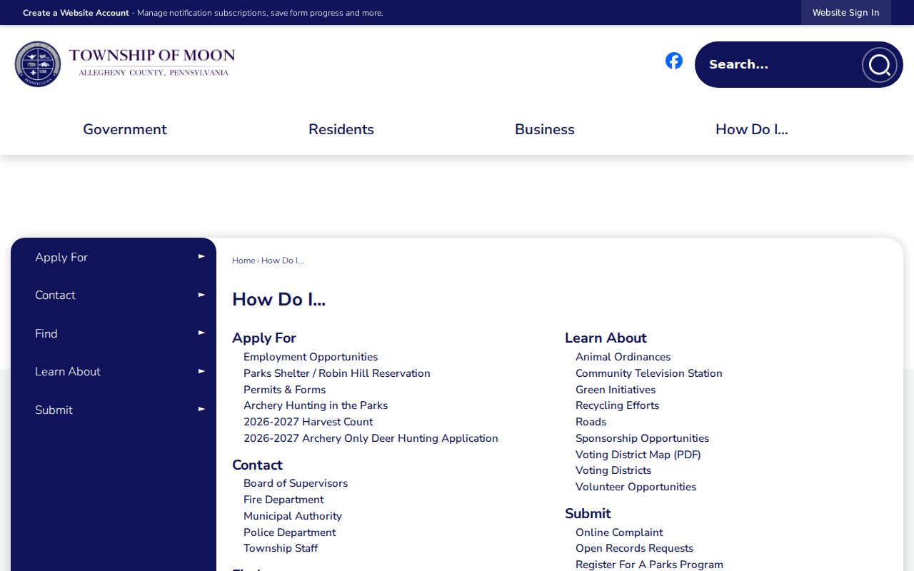 Moon Township ZIP directory local service routing and records request information