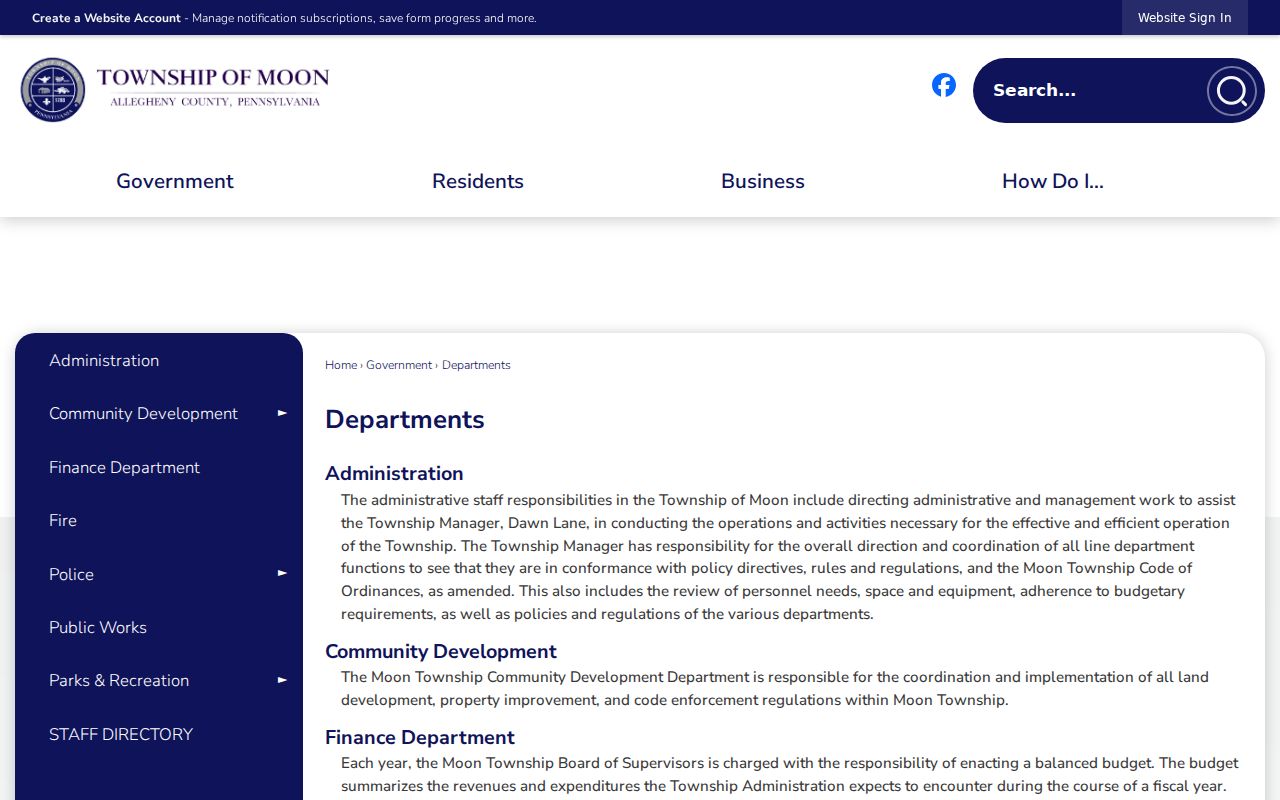 Moon Township ZIP directory municipal departments and address record context